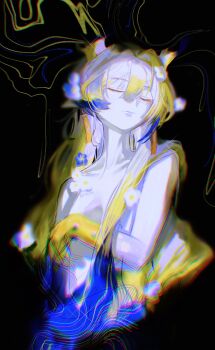 1girl absurdres arknights blonde_hair blue_hair closed_eyes closed_mouth commentary_request completely_nude covering_breasts covering_privates dragon_girl dragon_horns flat_chest flower hair_between_eyes hair_flower hair_ornament highres horns long_hair multicolored_hair nude pointy_ears sakiyo shu_(arknights) solo white_flower white_hair