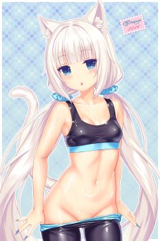 1girl absurdres animal_ear_fluff animal_ears artist_name bare_arms bare_shoulders blue_background blue_eyes blue_nails blue_scrunchie blunt_bangs blush breasts cat_ears cat_girl cat_tail chestnut_mouth clothes_pull collarbone commentary cowboy_shot f0rum7v groin hair_ornament hair_scrunchie highres long_hair looking_at_viewer low_twintails nail_polish nekopara pants pants_pull parody russian_commentary sayori_(neko_works)_(style) scrunchie small_breasts solo sports_bra stomach style_parody tail twintails vanilla_(nekopara) very_long_hair white_hair yoga_pants
