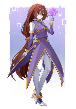 Rule 34 | 1girl, absurdres, adapted costume, alternate costume, android, bodystocking, breasts, brown hair, commission, commissioner upload, eyelashes, gauntlets, gloves, green eyes, hair between eyes, high heels, highres, iris (mega man), long bangs, long hair, long skirt, low-tied long hair, medium breasts, mega man (series), mega man x4, mega man x (series), mega man zero (series), non-web source, petite, ponytail, simple background, skirt, solo, wayanfa, white gloves