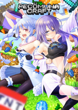 2girls animal_ear_fluff animal_ears armpit_crease armpits bare_shoulders belt bike_shorts black_gloves black_leotard black_thighhighs blurry blurry_foreground blush boots braid breasts carrot carrot_(minecraft) carrot_hair_ornament choker cleavage coat commentary commentary_request crop_top depth_of_field don-chan_(usada_pekora) dress embarrassed explosive fake_animal_ears flower fold-over_boots food-themed_hair_ornament frilled_thigh_strap frown fur-trimmed_gloves fur_scarf fur_trim gloves gradient_eyes hair_between_eyes hair_ornament highres hololive hololive_fantasy hololive_indonesia jacket knee_boots kose_takashi lapis_lazuli_(minecraft) large_breasts leotard long_hair looking_at_viewer medium_breasts midriff minecraft minecraft_pickaxe minecraft_sword moona_hoshinova multicolored_eyes multicolored_hair multiple_girls navel nether_portal one_eye_closed open_mouth pantyhose pekodam pickaxe playboy_bunny purple_eyes purple_hair rabbit_ears rabbit_girl red_eyes short_eyebrows shorts sky smile standing strapless strapless_leotard striped sword symbol-only_commentary symbol_in_eye thick_eyebrows thigh_strap thighhighs tnt tnt_block_(minecraft) twin_braids two-tone_hair usada_pekora usada_pekora_(1st_costume) virtual_youtuber weapon white_coat white_hair yellow_eyes