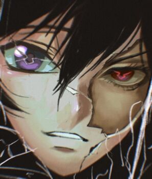 1boy black_hair broken_mask close-up code_geass commentary crack cracked_kawaii_mask english_commentary eyelashes geass hair_between_eyes heterochromia lelouch_vi_britannia looking_at_viewer male_focus mask parted_lips purpe_eyes red_eyes solo xiuhuamei
