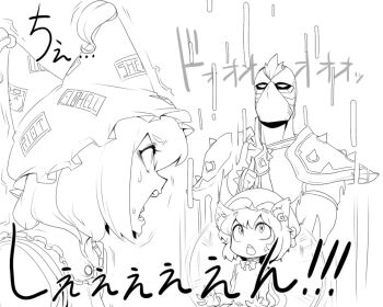 2girls animal_ears bad_id bad_pixiv_id cat_ears cat_girl chen expressive_clothes female_focus gameplay_mechanics greyscale hat league_of_legends monochrome multiple_girls name_connection shen_(league_of_legends) spacezin sweat teemo touhou translated yakumo_ran