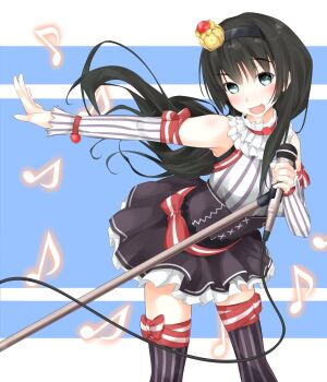 1girl :d arm_bow bare_shoulders bent_over black_hair black_hairband black_skirt blue_background blue_eyes blush bow breasts cable crown detached_sleeves fang feet_out_of_frame frilled_skirt frills hair_between_eyes hairband hand_up holding holding_microphone idol long_hair long_sleeves looking_at_viewer medium_breasts microphone microphone_stand mini_crown miniskirt musical_note open_mouth outstretched_arm pleated_skirt red_bow saten_ruiko shin_(highest1192) skin_fang skirt smile solo standing striped_clothes striped_sleeves striped_tank_top striped_thighhighs tank_top thigh_bow thighhighs toaru_majutsu_no_index toaru_majutsu_no_index:_endymion_no_kiseki tongue vertical-striped_clothes vertical-striped_sleeves vertical-striped_tank_top vertical-striped_thighhighs waist_bow white_sleeves zettai_ryouiki