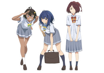 15177965700 absurdres ahoge arm_up bag blue_bow blue_eyes blue_hair blush bow green_bow hair_ornament highres kneehighs komari_chika loafers looking_at_viewer make_heroine_ga_oo_sugiru! open_mouth pleated_skirt purple_eyes red_hair school_bag school_uniform shirt shoes skirt socks white_shirt yakishio_lemon yanami_anna yellow_bow yellow_eyes