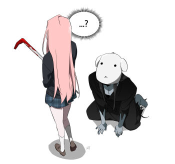 Rule 34 | 1boy, 1girl, adashino adami, bbabbamis2, black hair, black kimono, black sweater, blood, bloody weapon, commentary request, crowbar, dog mask, highres, holding, holding crowbar, homicipher, japanese clothes, kimono, kneeling, korean commentary, long hair, mask, mr. crawling, pink hair, simple background, skirt, sweater, very long hair, weapon, white background