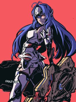1girl absurdres ahoge android ashleyloob backlighting blue_hair cel_shading cyborg female_focus flat_color forehead_protector headpiece highres holding holding_weapon kos-mos long_hair md5_mismatch nintendo red_background red_eyes resolution_mismatch simple_background solo source_smaller twisted_torso twitter_username weapon xenoblade_chronicles_(series) xenoblade_chronicles_2 xenosaga