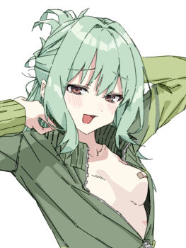 1boy :d arm_behind_head arms_up bandaid bandaids_on_nipples blush breasts brown_eyes collarbone commentary_request cropped folded_ponytail furrowed_brow green_hair green_jacket grey_background hair_between_eyes hinalover jacket long_sleeves looking_at_viewer male_focus male_with_breasts medium_breasts medium_hair narrowed_eyes open_mouth osugaki otori_tan partially_open_jacket pasties seitokai_ni_mo_ana_wa_aru! sidelocks simple_background smile solo trap upper_body variant_set zipper
