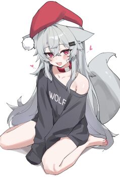 1girl :d absurdres animal_ear_fluff animal_ears barefoot collar commentary_request fang fenrir_(fenriluuu) full_body grey_hair hair_ornament hairclip hat heart highres long_hair looking_at_viewer nail_polish naked_shirt open_mouth original parallel_hairclips pink_nails red_collar red_hat rir-chan santa_hat shirt simple_background single_bare_shoulder single_off_shoulder sitting skin_fang sleeves_past_wrists smile solo tail toenail_polish toenails very_long_hair wariza white_background wolf_ears wolf_girl wolf_tail