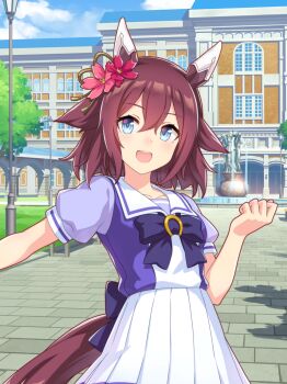 1girl absurdres animal_ears arch artist_request back_bow bare_shoulders bench blue_bow blue_bowtie blue_eyes blue_shirt blue_sky bow bowtie brooch brown_hair card_(medium) cherry_blossoms clenched_hand cloud collarbone cowboy_shot day dot_nose ear_covers eyelashes flower hair_between_eyes hair_ears hair_flower hair_ornament hair_ribbon happy high-waist_skirt highres horse_ears horse_girl horse_tail horseshoe_ornament jewelry lamppost light_blush looking_at_viewer medium_hair official_art open_mouth outdoors outstretched_arm path pink_flower pleated_skirt puffy_short_sleeves puffy_sleeves ribbon road sailor_collar sakura_chiyono_o_(umamusume) school_uniform shade shirt short_sleeves skirt sky smile solo standing statue tail teeth tracen_academy tracen_school_uniform two-tone_shirt umamusume upper_teeth_only white_sailor_collar white_shirt white_skirt yellow_ribbon