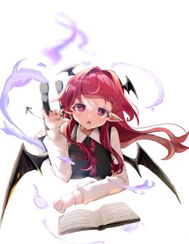 1girl black_shoes black_skirt black_vest blush book commentary demon_tail demon_wings feet_up frills hand_up head_wings highres koakuma long_hair long_sleeves looking_at_viewer loveplum0510 lying necktie on_stomach open_book parted_lips pointy_ears red_eyes red_hair red_nails red_necktie shirt shoes skirt solo tail touhou vest white_shirt wings