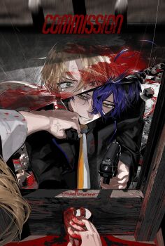 1boy 1girl absurdres aiming aiming_at_viewer anger_vein black_jacket black_shirt blonde_hair blood blood_on_clothes blood_on_face blood_splatter blue_hair clothes_grab collared_shirt commission crying crying_with_eyes_open english_text formal_clothes green_eyes guillotine gun hair_between_eyes handgun highres holding holding_gun holding_hands holding_weapon indoors jacket long_hair long_sleeves looking_at_viewer low_ponytail male_focus mau_sakura necktie original out_of_frame parted_lips ponytail pov pov_hands rain reflection shirt short_hair skeb_commission smile suit tears teeth two-tone_necktie weapon white_necktie white_shirt yellow_eyes yellow_necktie