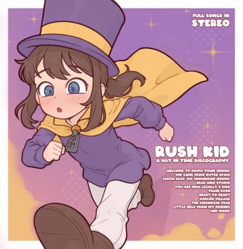 1girl a_hat_in_time album_cover blue_eyes border brown_hair brown_shoes cape casytay commentary cover english_commentary english_text fake_cover flat_chest hat hat_kid highres long_sleeves open_mouth paid_reward_available pants ponytail purple_hat purple_shirt running shirt shoes solo top_hat variant_set white_border white_pants yellow_cape