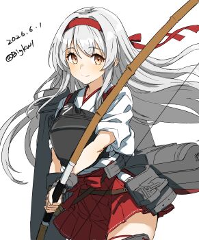 1girl absurdres bigkwl blush bow_(weapon) closed_mouth commentary_request cowboy_shot dated dated_commentary hair_intakes hairband hakama hakama_short_skirt hakama_skirt highres holding holding_bow_(weapon) holding_weapon japanese_clothes kantai_collection kimono long_hair looking_at_viewer one-hour_drawing_challenge orange_eyes red_hairband rigging short_sleeves shoukaku_(kancolle) simple_background skirt smile solo twitter_username weapon white_background white_hair white_kimono
