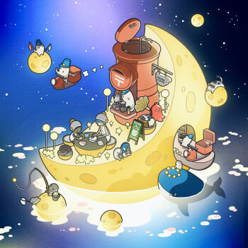 Rule 34 | 1girl, absurdres, bird, black cat, blue hair, bucket, cafe, cat, coffee grinder, coffee maker, coffee mug, cup, dress, fishing rod, flag, food, food art, hat, highres, holding, holding fishing rod, holding flag, letter, moon, mug, multiple others, original, paper airplane, penguin, phonograph, sleeveless, sleeveless dress, tako-san wiener, tti design, whale