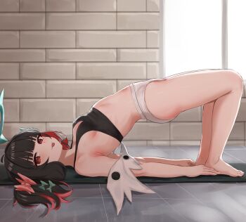 1girl :p armpits black_hair blush breasts colored_inner_hair from_side halo highres looking_at_viewer mockingeu multicolored_hair nangong_yu navel red_eyes red_hair sideboob small_breasts solo stretching tongue tongue_out underwear zenless_zone_zero