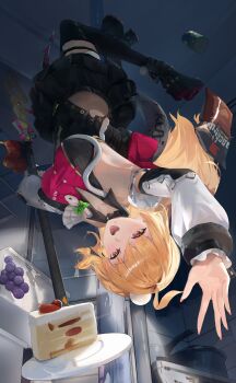 1girl absurdres ahoge armpits bag_of_chips black_shorts black_skirt blonde_hair blush breasts cake cake_slice chalky_(zenless_zone_zero) cissia_(zenless_zone_zero) commentary detached_sleeves food food_on_face fruit grapes hair_between_eyes highres holding holding_weapon large_breasts looking_at_viewer metal_wrist_cuffs miniskirt miyano_haruto open_mouth plate red_eyes refrigerator shorts skirt snake snake_girl snake_tail tail tongue untranslatable_commentary upside-down weapon white_snake zenless_zone_zero