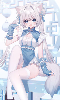 :3 :d animal_ear_fluff animal_ears blue_eyes breasts cat_ears cat_girl cat_tail china_dress chinese_clothes cleavage_cutout clothing_cutout commentary_request commission detached_sleeves double_bun dress hair_bun hand_up highres long_hair open_mouth original sapphire_(sapphire25252) sitting skeb_commission small_breasts smile swept_bangs tail thighhighs thighs twintails very_long_hair white_hair white_thighhighs zettai_ryouiki