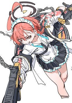 1girl absurdres ahoge apron black_halo blue_archive braid gun halo haruyuki_(gffewuoutgblubh) highres holding holding_gun holding_weapon huge_ahoge jacket maid_headdress mole mole_under_eye neck_ribbon neru_(blue_archive) orange_hair print_jacket red_eyes ribbon short_hair sig_mpx sig_sauer simple_background single_braid sketch solo submachine_gun sukajan undone_neck_ribbon weapon white_apron white_background