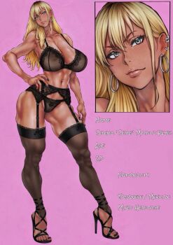 1girl b_0_rukia bare_shoulders black_panties blonde_hair bra calves character_name close-up collarbone commentary covered_erect_nipples duplicate ear_piercing earrings english_commentary eyelashes fingernails full_body garter_belt garter_straps hand_on_own_hip head_tilt highres hoop_earrings jewelry lingerie lips long_hair looking_at_viewer muscular muscular_female nail_polish nose original panties piercing pink_background pussy reference_sheet see-through_clothes solo straight_hair thighhighs toenail_polish toenails underwear