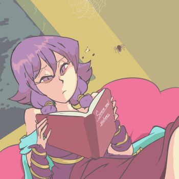 bed book bug davewaterfalls fire_emblem fire_emblem:_the_sacred_stones lute_(fire_emblem) nintendo purple_eyes purple_hair reading silk spider spider_web window
