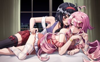 2girls absurdres ahoge antenna_hair artist_request behind_another black_hair commission commissioner_upload curtained_hair dress frilled_dress frills hairband highres leg_between_thighs lifting_another&#039;s_clothes lilim_(sakura_cupid) looking_back lying mitsuki_(sakura_cupid) multiple_girls non-web_source off_shoulder on_bed plaid_clothes plaid_skirt red_hairband red_ribbon ribbon sakura_cupid skirt thighhighs yuri