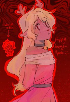 2girls alternate_costume animal_ears antlers arms_behind_back bell black_choker blonde_hair bonnie_xu borrowed_character borrowed_design choker commentary deer_antlers deer_ears deer_girl deltarune dress english_commentary english_text from_side furry furry_female gift_art goomyloid highres horns long_hair long_sleeves multiple_girls neck_bell noelle_holiday off-shoulder_dress off_shoulder original outline parted_lips red_background red_dress red_eyes red_outline red_theme solo solo_focus utdr_(toby_fox)