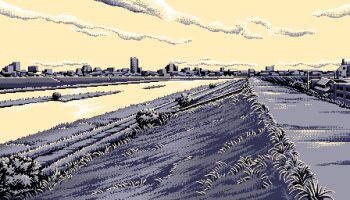 1990s_(style) 5_jikanme_no_venus building city cloud day dirt_road fairy_dust game_cg grass limited_palette lowres no_humans outdoors path pc98 retro_artstyle river riverbank road scenery sky tagme