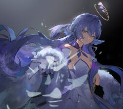 Rule 34 | 1girl, absurdres, aqua eyes, bare shoulders, breasts, camellia1nsnow, cleavage, closed mouth, detached collar, detached sleeves, dress, floating hair, gloves, halo, head wings, highres, honkai: star rail, honkai (series), long hair, looking at viewer, purple dress, purple hair, robin (honkai: star rail), short sleeves, smile, solo, standing, two-tone dress, white dress, white gloves, white wings, wings