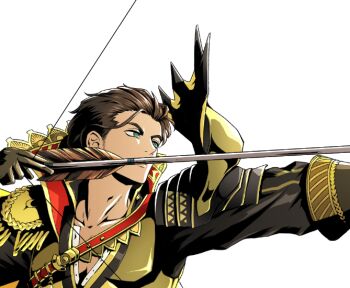 1boy aiming bow_(weapon) brown_hair claude_von_riegan dark-skinned_male dark_skin drawing_bow failnaught_(fire_emblem) fire_emblem fire_emblem:_three_houses green_eyes holding holding_bow_(weapon) holding_weapon huki_fuka0624 male_focus nintendo pectoral_cleavage pectorals short_hair solo weapon