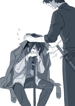 1boy 1girl absurdres black_coat coat covering_with_clothes criteria feet_out_of_frame greyscale head_down highres holding holding_sword holding_weapon invisible_chair jacket knees_apart_feet_together lee_jihye long_sleeves monochrome multiple_scars omniscient_reader&#039;s_viewpoint open_clothes open_jacket own_hands_together planted planted_sword planted_weapon scabbard scar scar_on_arm sheath short_hair sitting sleeves_rolled_up sword weapon yoo_joonghyuk zzz