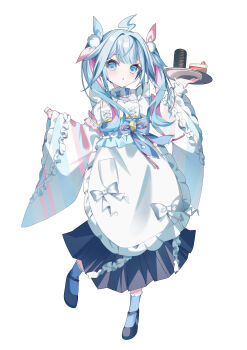 1girl :o absurdres ahoge alternate_costume apron blue_eyes blue_hair blue_shoes blue_socks cake cake_slice commentary_request cup enmaided food frilled_apron frilled_kimono frills full_body furisode hair_flaps hair_ornament hand_up highres holding holding_tray hololive hololive_dev_is japanese_clothes kimono lightning_ahoge loafers long_hair long_sleeves looking_at_viewer maid maid_apron mary_janes mizumiya_su multicolored_hair multicolored_kimono parted_lips pink_streaks pom_pom_(clothes) pom_pom_hair_ornament shoes simple_background sleeves_past_wrists socks solo streaked_hair tray twintails two-tone_hair ureinnn virtual_youtuber wa_maid white_apron white_background wide_sleeves yunomi