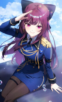 Rule 34 | 1girl, absurdres, aiguillette, arm support, arm up, belt, black belt, black bow, black necktie, black pantyhose, blue jacket, blue skirt, blue sky, blush, bow, breasts, brown pantyhose, bubble, buttons, closed mouth, cloud, collared shirt, day, double-breasted, epaulettes, feet out of frame, hair bow, highres, jacket, jururu, korean commentary, long hair, long sleeves, looking at viewer, military, military uniform, miniskirt, necktie, outdoors, pantyhose, pencil skirt, purple eyes, purple hair, rething, salute, shirt, sitting, skirt, sky, smile, solo, thigh strap, very long hair, virtual youtuber, waktaverse, white shirt, wing collar