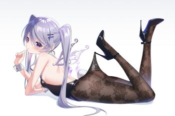 1girl absurdres alternate_costume ass backless_outfit bare_back bare_shoulders black_leotard breasts fake_tail gem grey_hair highleg highleg_leotard highres hololive hololive_english koseki_bijou lace_pantyhose lace_pantyhose_hooked_on_heel_(meme) leotard lightenbee long_hair lying meme on_stomach pantyhose petite playboy_bunny purple_eyes purple_gemstone rabbit_tail simple_background small_breasts solo strapless strapless_leotard strappy_heels tail twintails virtual_youtuber white_background wrist_cuffs