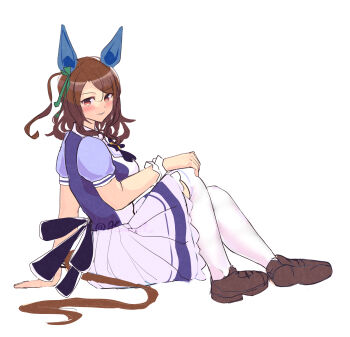 1girl absurdres animal_ears blush bow bowtie breasts brown_hair ear_bow ear_covers ear_ribbon full_body green_bow hashtag-only_commentary highres hinokey_(hinokey0126) horse_ears horse_girl horse_tail king_halo_(umamusume) long_hair looking_at_viewer medium_breasts puffy_short_sleeves puffy_sleeves purple_bow purple_bowtie purple_shirt red_eyes sailor_collar sailor_shirt school_uniform shirt shoes short_sleeves simple_background sitting skirt smile solo tail thighhighs tracen_school_uniform umamusume white_background white_sailor_collar white_skirt white_thighhighs