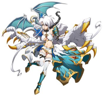 1girl :d absurdly_long_sidelocks animal animal_on_shoulder arm_belt armor armored_boots bare_shoulders belt blue_boots blue_cape blue_feathers blue_scales blue_wings boots breasts broken broken_chain cape chain chain_leash chest_jewel claret_(langrisser) claws collar dragon dragon_claw dragon_girl dragon_horns dragon_on_shoulder dragon_tail dragon_wings feathers full_body game_cg gem gold_trim hair_between_eyes highres horns langrisser langrisser_mobile langrisser_v leash leg_up long_hair looking_at_viewer medium_breasts metal_collar midriff navel official_alternate_costume official_art open_mouth orange_eyes orange_gemstone parted_hair pauldrons pelvic_curtain red_gemstone scales second-party_source shirt shoulder_armor simple_background single_pauldron smile solo_focus spread_wings standing standing_on_one_leg stomach tachi-e tail thigh_belt thigh_strap thighhighs torn_cape torn_clothes torn_thighhighs transparent_background underboob very_long_hair waist_cape western_dragon white_cape white_hair white_scales white_shirt white_thighhighs wings zettai_ryouiki