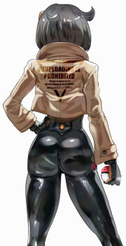 1girl ass back black_bodysuit black_gloves black_hair bodysuit bodysuit_under_clothes brown_jacket curvy dark-skinned_female dark_skin emma_(pokemon) gloves hair_ornament highres huge_ass jacket long_sleeves nintendo poke_ball poke_ball_(basic) pokemon pokemon_legends:_z-a short_hair solo thighs uenoryoma wide_hips