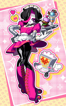 1boy absurdres android apron black_hair boots crossdressing crossdressing_(mtf) dress frills glamburger gloves hair_over_one_eye heart highres male_focus mettaton mettaton_(box) mettaton_ex open_mouth robot robot_boy roller_skates skates starfait_(undertale) super_luvbeam trap undertale utdr_(toby_fox)