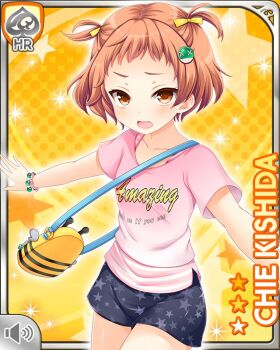 1girl bag bee blouse bow bracelet brown_hair bug button card character_name english_text female_focus girlfriend_(kari) hair_bow hair_ornament insect jewelry kishida_chie looking_at_viewer official_art open_mouth pink_shirt qp:flapper shirt shorts smile solo standing strap tagme twintails yellow_background yellow_eyes