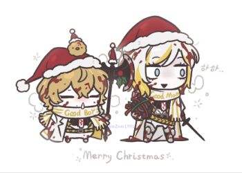 2girls armored_boots axe blonde_streaks blood blood_in_hair blood_on_clothes blood_on_face blue_eyes boots chibi closed_eyes closed_mouth faust_(project_moon) hat highres holding holding_axe holding_nail limbus_company merry_christmas multicolored_hair multiple_girls n_corp._fanatic_(identity)_(project_moon) nail_(hardware) ohzv open_mouth project_moon santa_hat scarf short_hair simple_background sinclair_(project_moon) smile streaked_hair white_background white_hair white_scarf