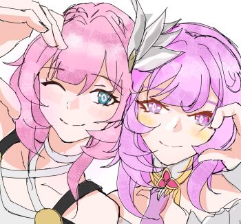 Rule 34 | ;), bare shoulders, blue eyes, color connection, company connection, cyrene (aedes elysiae) (honkai: star rail), cyrene (honkai: star rail), diamond-shaped pupils, diamond (shape), elysia (herrscher of human: ego) (honkai impact), elysia (honkai impact), hair color connection, half-heart hands, highres, honkai: star rail, honkai (series), honkai impact 3rd, inoue marina, looking at viewer, one eye closed, pink hair, portrait, purple eyes, short hair, simple background, smile, symbol-shaped pupils, triquetra, voice actor connection, white background, yanning, yi wei yonghu