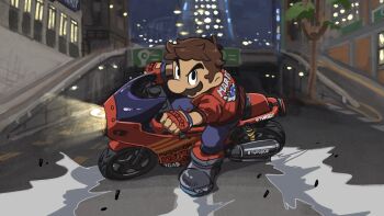 1boy akira_slide black_boots blue_pants boots brown_hair building clothing_cutout commentary_request denim facial_hair fingerless_gloves glove_cutout gloves jacket jeans male_focus mario mario_(series) mario_(touring) mario_kart mario_kart_world motor_vehicle motorcycle mustache nintendo official_alternate_costume on_motorcycle outdoors overpass pants red_gloves red_jacket short_hair solo tree yamari_(ya_mari_6363)