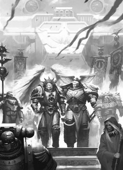 6+boys adeptus_astartes angel angel_wings armor banner blood_angels commentary english_commentary full_armor greyscale highres holding_banner imperial_fists jaghatai_khan leman_russ malcador_the_sigillite male_focus mikhail_savier monochrome multiple_boys official_art ornate_armor outdoors power_armor primarch rogal_dorn sanguinius space_wolves stairs walking warhammer_40k white_scars wings