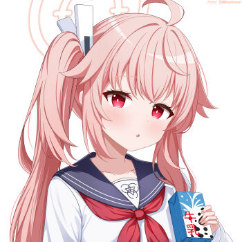 1girl absurdres ahoge blue_archive blue_sailor_collar collarbone drink_carton halo highres holding holding_milk_carton huanyi_huanhuanzi long_hair looking_at_viewer milk_carton natsu_(blue_archive) neckerchief parted_lips pink_hair pink_halo pixiv_username red_eyes red_neckerchief sailor_collar school_uniform shirt side_ponytail simple_background solo upper_body white_background white_shirt