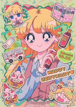 1girl aino_minako bishoujo_senshi_sailor_moon blue_eyes blue_shirt bottle brown_dress bus collared_shirt cross dated dress happy_birthday highres looking_at_viewer motor_vehicle notebook red_cross shirt smile solo swept_bangs syringe tagme tsukico_9h tsukino_usagi v-shaped_eyebrows