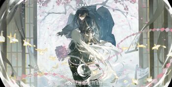 1boy 1girl banfan_dashi_xiaren black_dress black_eyes black_hair black_sash black_shirt blue_jacket bouquet cherry_blossoms closed_mouth curtained_hair day dress facing_away falling_petals flower gloves grey_pants haikyuu!! hair_between_eyes hanging_scroll haori highres holding holding_bouquet jacket japanese_clothes lace lace-trimmed_dress lace-trimmed_gloves lace-trimmed_sleeves lace_trim long_dress long_hair long_sleeves looking_at_another looking_down mole mole_above_eye multiple_moles oc_x_canon open_clothes open_jacket origami original palms_together pants paper_crane petals pink_flower pink_petals sakusa_kiyoomi sash scroll shide shirt short_hair shouji sliding_doors standing tree very_long_hair waist_sash watermark weibo_watermark white_gloves white_hair wide_sleeves