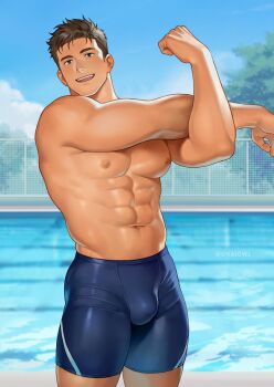 1boy abs bara blue_male_swimwear blue_sky broad_shoulders brown_eyes brown_hair bulge cowboy_shot cross-body_stretch groin highres jammers_pull large_pectorals male_focus male_swimwear muscular muscular_arms muscular_male navel nipples open_mouth original pectorals pool shiny_skin sky smile solo stretching swimmer thick_thighs thighs tight_bottoms topless_male triceps uhai v-taper