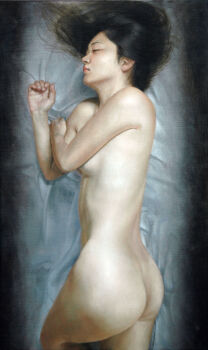 1girl ass bed_sheet black_hair closed_eyes closed_mouth commentary_request completely_nude cowboy_shot fingernails hair_spread_out hands_up highres kaworu_(pixiv2055) long_hair lying nude oil_painting_(medium) on_bed on_side original painting_(medium) palms photorealistic realistic sleeping solo traditional_media