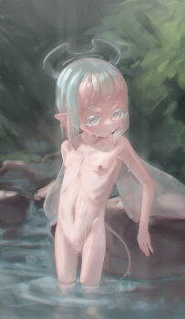 1girl absurdres captaintcher cleft_of_venus closed_mouth flat_chest grey_eyes grey_hair highres loli long_hair navel nipples nude original outdoors pointy_ears pussy solo wading water