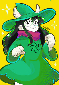 1girl alternate_costume animal_ears animal_hands buck_teeth claws colored_skin cosplay deltarune dog_ears dog_paws furry furry_female god_tier_(homestuck) green_robe grey_eyes hat highres homestuck jade_harley kl_oekaki light_blush pink_scarf ralsei ralsei_(cosplay) robe round_eyewear scarf smile solo sparkle teeth utdr_(toby_fox) white_skin wizard_hat yellow_background