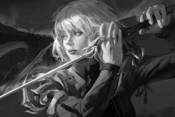 1girl armor bob_cut cha_hae-in closed_mouth commentary fighting_stance greyscale highres holding holding_sword holding_weapon lips long_sleeves looking_to_the_side monochrome pauldrons pluvium_grandis realistic short_hair shoulder_armor solo solo_leveling sword sword_in_front_of_face upper_body weapon